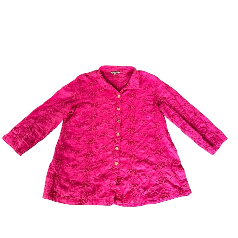 John Mark‎ Pink Floral Embroidered 100% Linen Tunic Top Button Down Shirt Size L